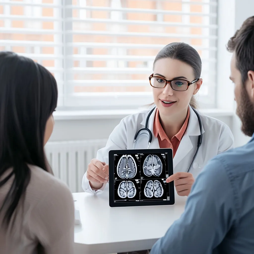 Doctora explica resultados médicos (imágenes cerebrales) a una paciente mediante una tablet