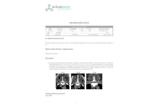 Informe radiológico generado en ActualPACS (informe PDF de estudio veterinario)